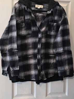 Vintage Black & White Plaid Hooded Button-Down Shirt